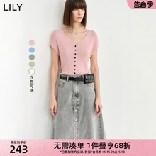 LILY2024夏新款女装气质通勤款设计感抽褶时尚V领修身针织衫上衣