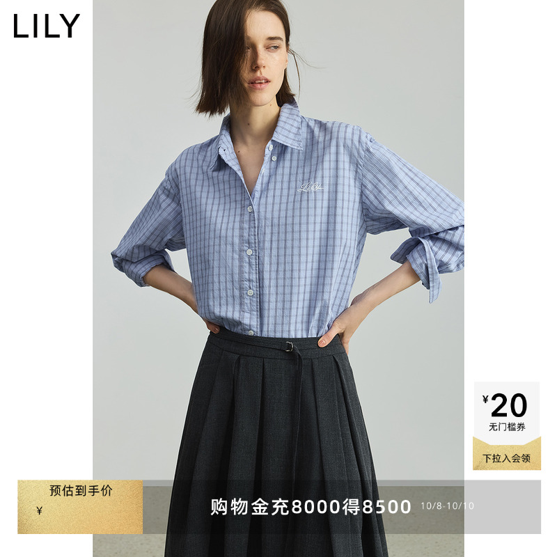 LILY通勤短款纯棉学院风格纹衬衫
