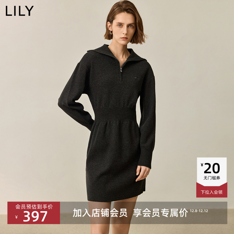 LILY显瘦收腰翻领拉链连衣裙