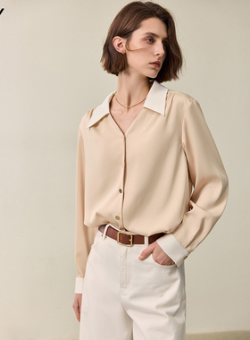 LILY2026春新款法式优雅垂感翻领V领气质通勤微光衬衫外套女雪纺