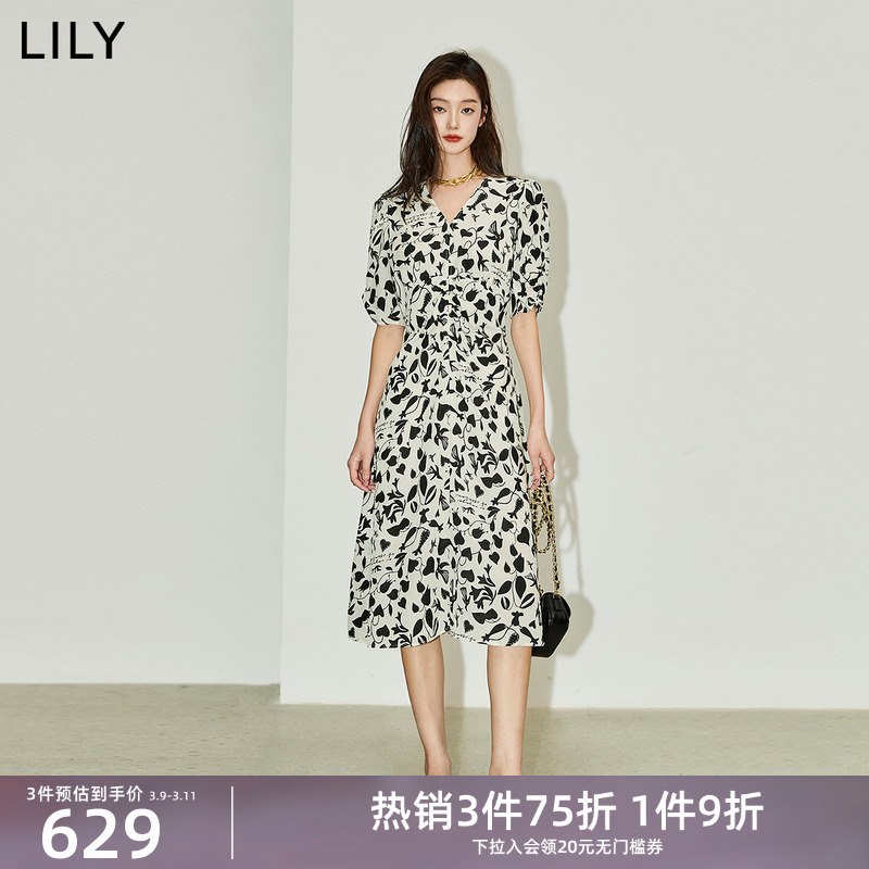 LILY2024夏新款女装法式浪漫印花优雅气质V领高腰显瘦A字连衣裙女