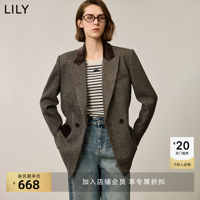 LILY2025冬新款含羊毛复古美拉德彩点丝绒收腰气质通勤西装外套女