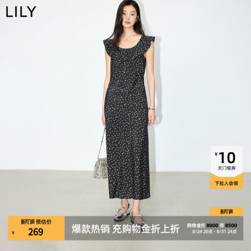 LILY通勤荷叶边碎花无袖连衣裙