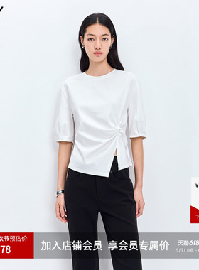 LILY2026春新款纯棉设计感不规则抽褶扭结休闲通勤白色短袖T恤女