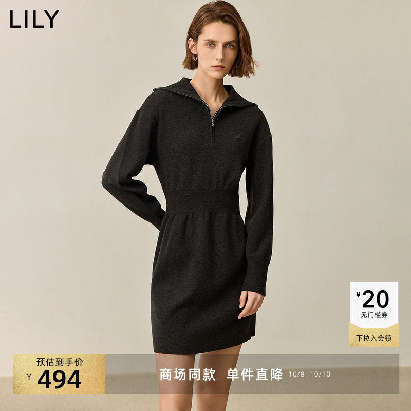 LILY显瘦收腰翻领拉链连衣裙