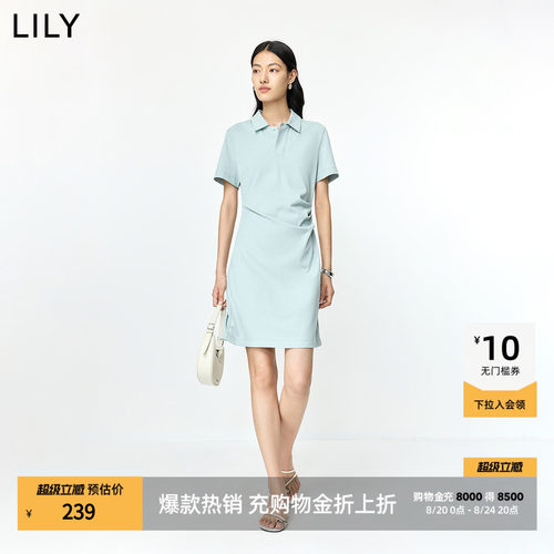 LILY通勤收腰翻领短袖休闲连衣裙