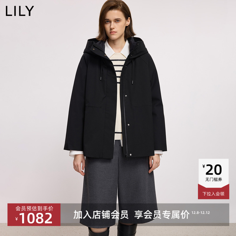 LILY鸭绒收腰连帽中长款羽绒服