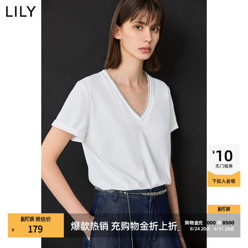 LILY新款V领假两件休闲百搭T恤