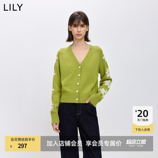 羊毛混纺撞色提花上衣V领针织开衫 毛衣外套 女装 LILY2026春新款