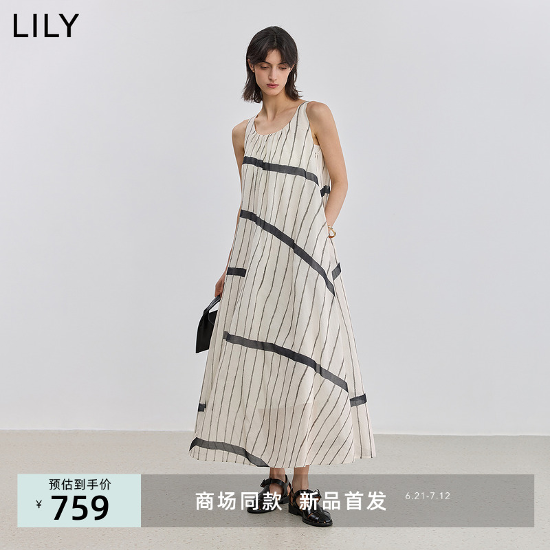 【商场同款】LILY2025夏新款女装全棉法式老钱风条纹背心连衣裙