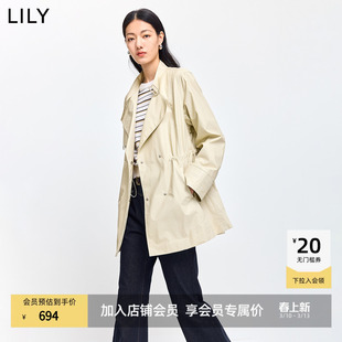 LILY2026春新款女装复古纯棉翻领立领收腰休闲通勤风衣外套中长款