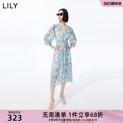 Lily新款浪漫印花泡泡袖连衣裙