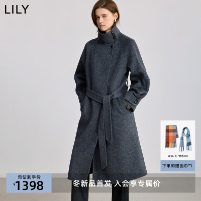 LILY通勤长款烟囱新款毛呢外套