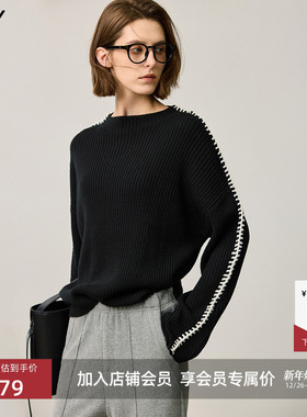 LILY2025冬新款女装羊毛混纺撞色立体线条套头圆领黑色针织衫毛衣