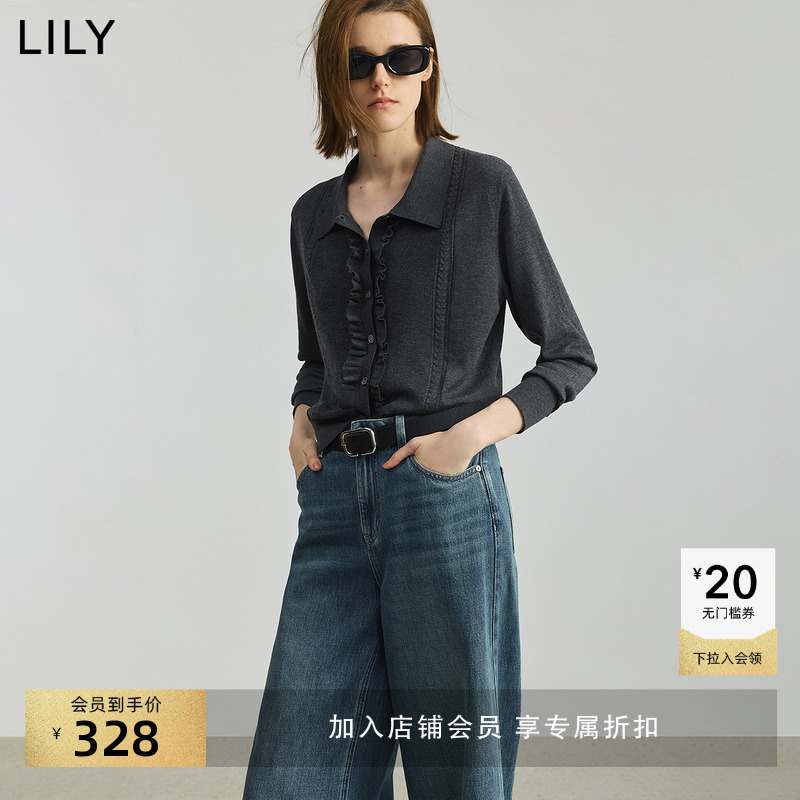 LILY通勤翻领含山羊绒格雷系开衫