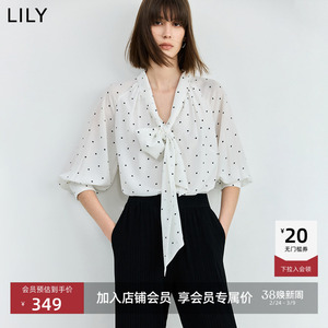 LILY新款女装气质优雅印花通勤温柔七分袖灯笼袖衬衫雪纺衫