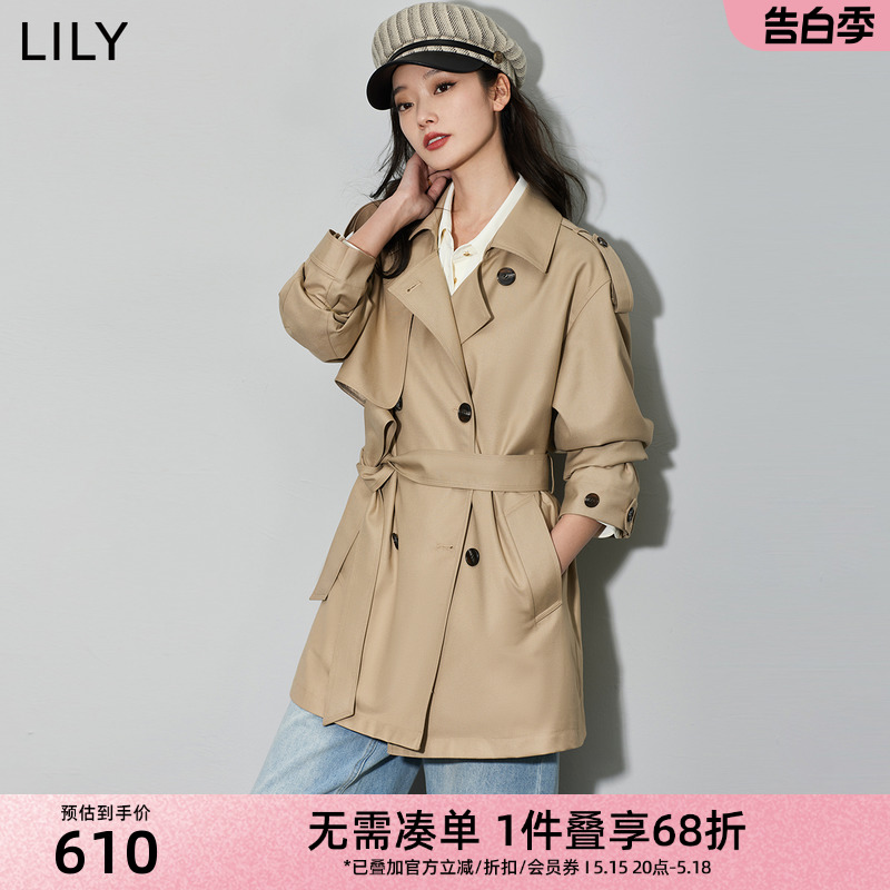 LILY2024春新款女装复古英伦风时尚腰带款双排扣中长款风衣外套女