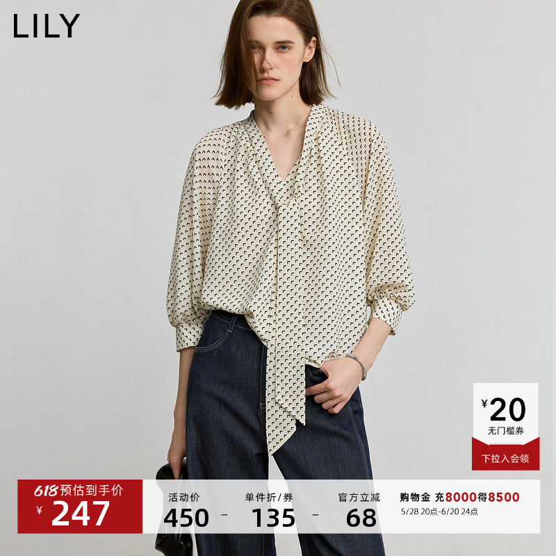 LILY2025夏新款法式老花宽松休闲飘带V领百搭通勤套头衫雪纺衫女
