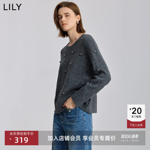 LILY套头圆领格雷加厚钉珠针织衫