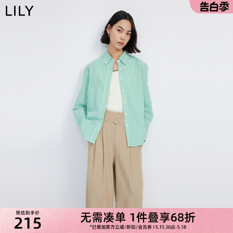 LILY2024春新款女装舒适全棉别致绣花复古条纹垂坠感通勤衬衫上衣