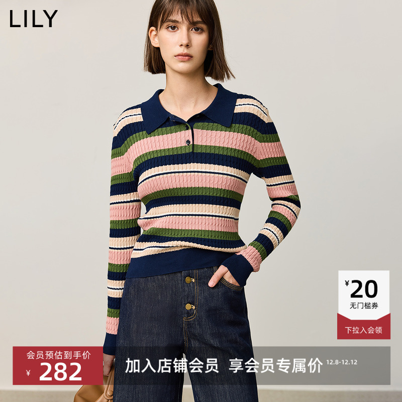 LILY复古学院风撞色POLO领毛衣