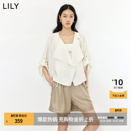 LILY2026夏新款莱赛尔亚麻混纺大翻领宽松通勤纯色长袖外套女短款