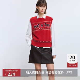 LILY2025冬新款兔绒羊毛混纺费尔岛撞色提花马年针织衫马甲背心女