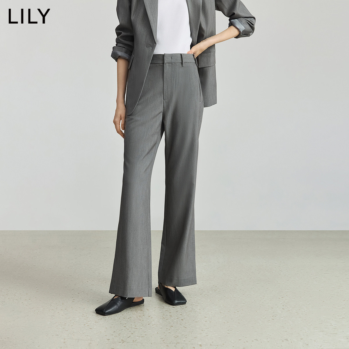 LILY2026春新款格雷系休闲气质职业通勤修身开叉灰色西裤微喇裤女