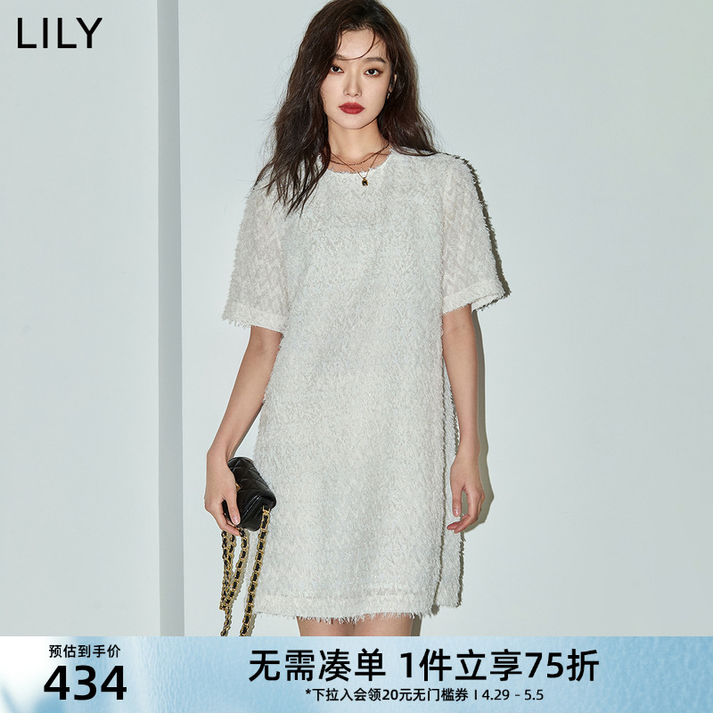 LILY2024夏新款女装浪漫气质流苏短袖中长款连衣裙小白裙小个子女