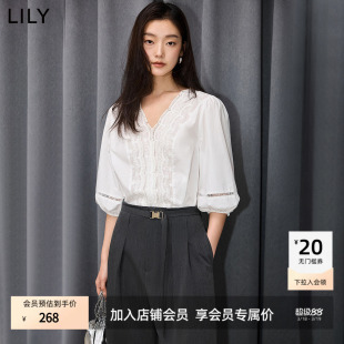 通勤雪纺衫 气质重工花边V领全棉白色泡泡袖 女 法式 LILY2026夏新款
