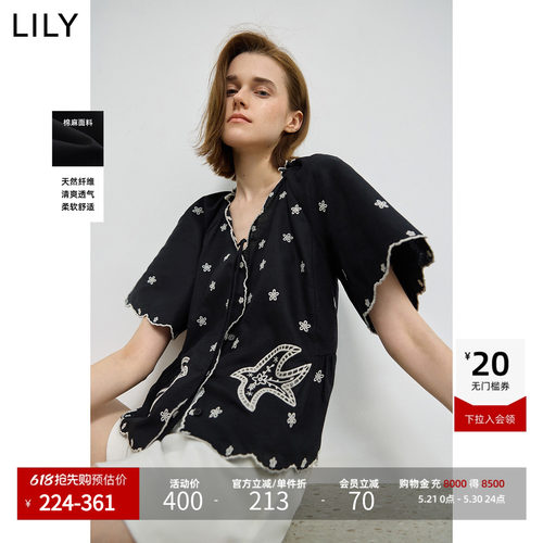 LILY撞色棉麻短袖飞鸟新款衬衫