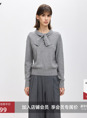 LILY2026春新款女装格雷系蝴蝶结气质休闲通勤灰色长袖针织衫毛衣