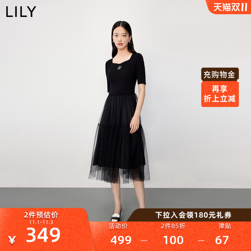 LILY2023秋新款女装别致复古方领洋气拼接活泼蓬蓬裙连衣裙小黑裙