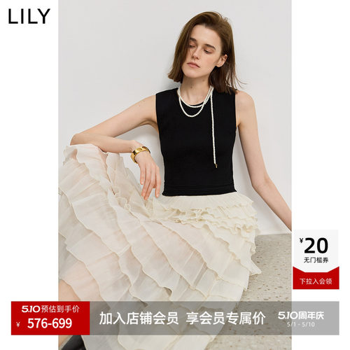 LILY通勤拼接复古收腰无袖连衣裙
