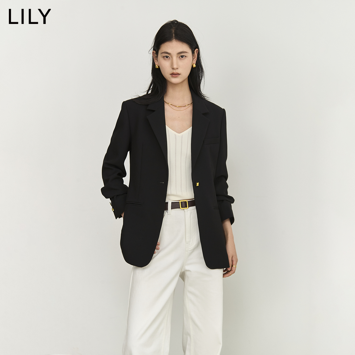 LILY2024春新款女装商务通勤时尚复古一粒扣修身休闲黑色西装外套