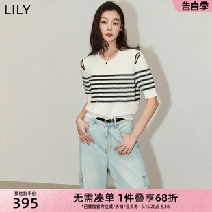 收腰修身 LILY2024夏新款 复古条纹设计感镂空基础款 女 女装 毛针织衫