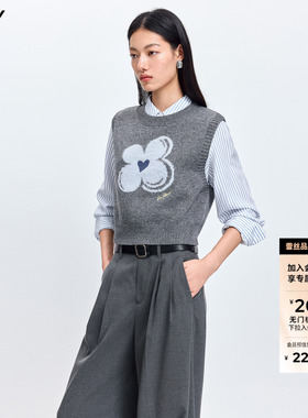 LILY2026春新款女装羊毛混纺格雷系幸运花嵌花灰色针织衫背心马甲