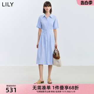 LILY2024夏新款女装复古气质条纹显瘦高腰舒适全棉垂坠衬衫连衣裙