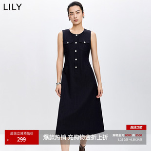 LILY2026春新款女装复古小香风无袖圆领收腰气质通勤仿牛仔连衣裙
