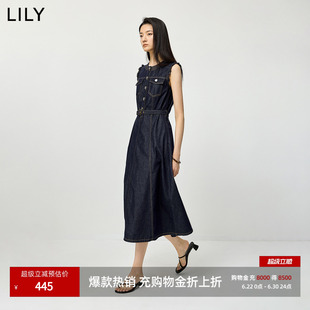 LILY2026夏新款含醋酸莱赛尔复古圆领收腰木耳边无袖牛仔连衣裙女