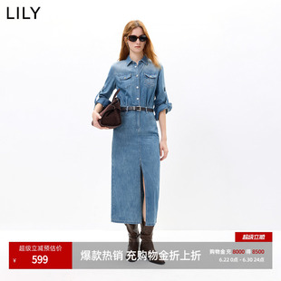 LILY2026秋新款女装纯棉复古翻领收腰休闲通勤工装牛仔直筒连衣裙