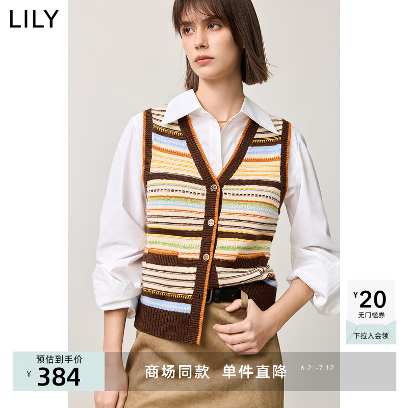 【商场同款】LILY2025春新款女装绵羊毛混纺彩色条纹针织背心马甲