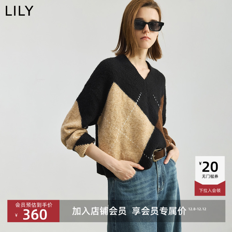 LILY提花撞色学院风复古针织衫