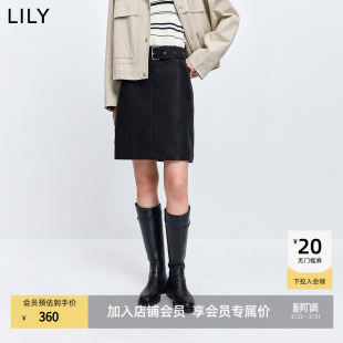 LILY2026春新款 复古时髦腰带气质休闲通勤黑色直筒皮裙半身短裙女