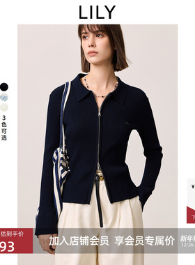 LILY2025新款秋冬女装简约高端休闲翻领薄款修身针织开衫上衣外套