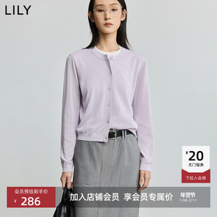 【商场同款】LILY2025春新款女装醋酸混纺圆领浅紫色针织开衫外套
