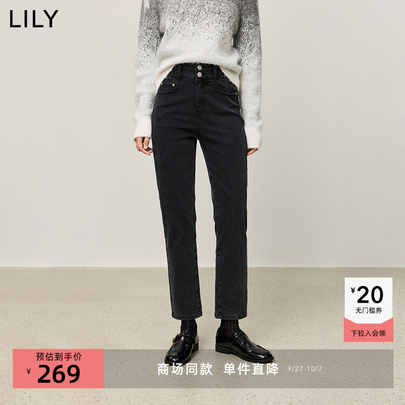 LILY休闲时髦磨毛直筒牛仔九分裤
