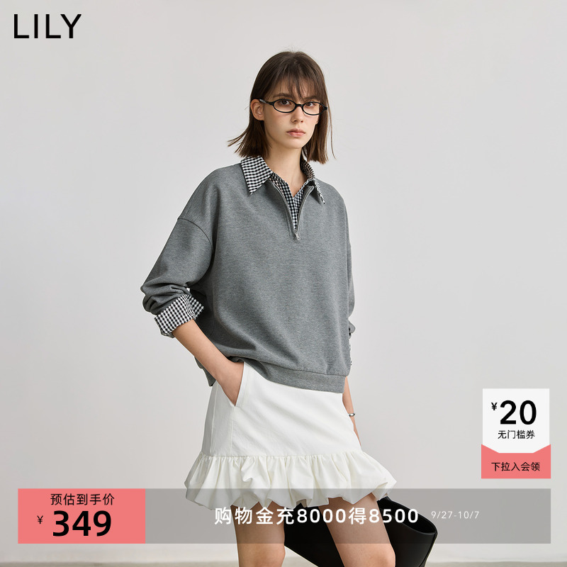 LILY格纹设计感假两件学院风卫衣