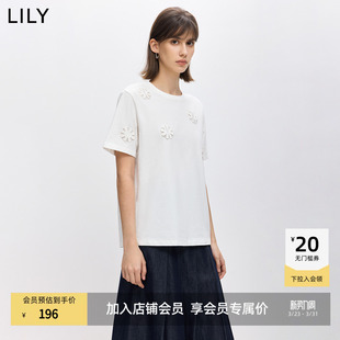 LILY2026春新款 T恤女 简约立体花朵刺绣镂空通勤休闲圆领套头短袖