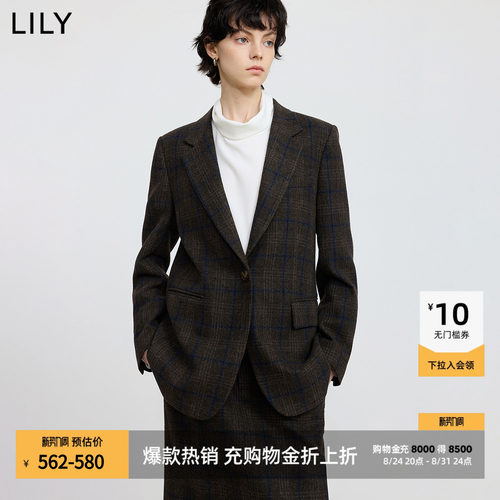 LILY羊毛混纺通勤格纹学院风西装